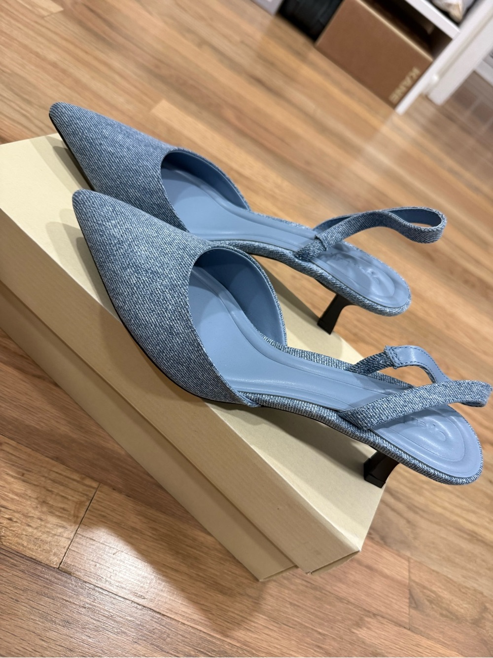 Pointed Slingback Kitten Heels in Powder Blue Denim Texture